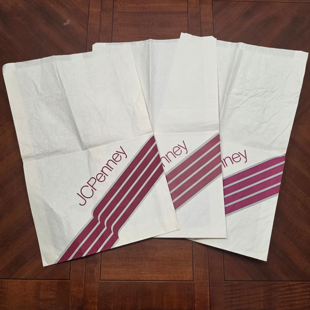 Lot of 3 Vintage JCPenney Store Shopping Bags White Paper Retail Prop 14x3x21